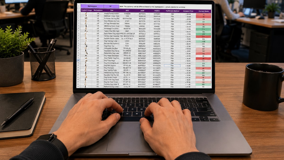 Hands typing on a laptop showing a data spreadsheet on a desk