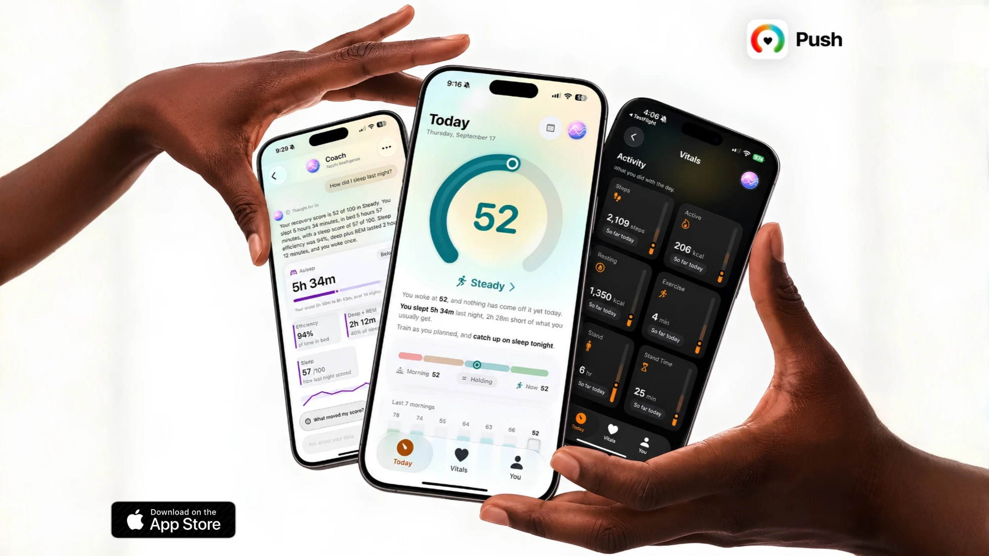 Push recovery score app showing a daily readiness score on iPhone and Apple Watch