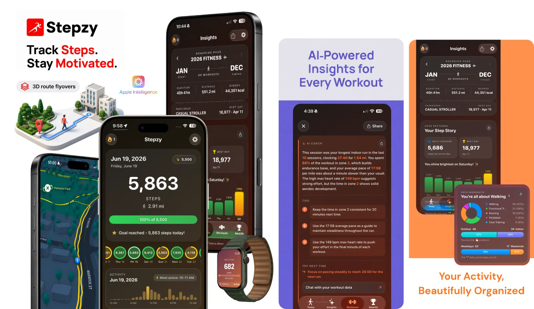 Stepzy step counter app showing a live step ring on iPhone and Apple Watch