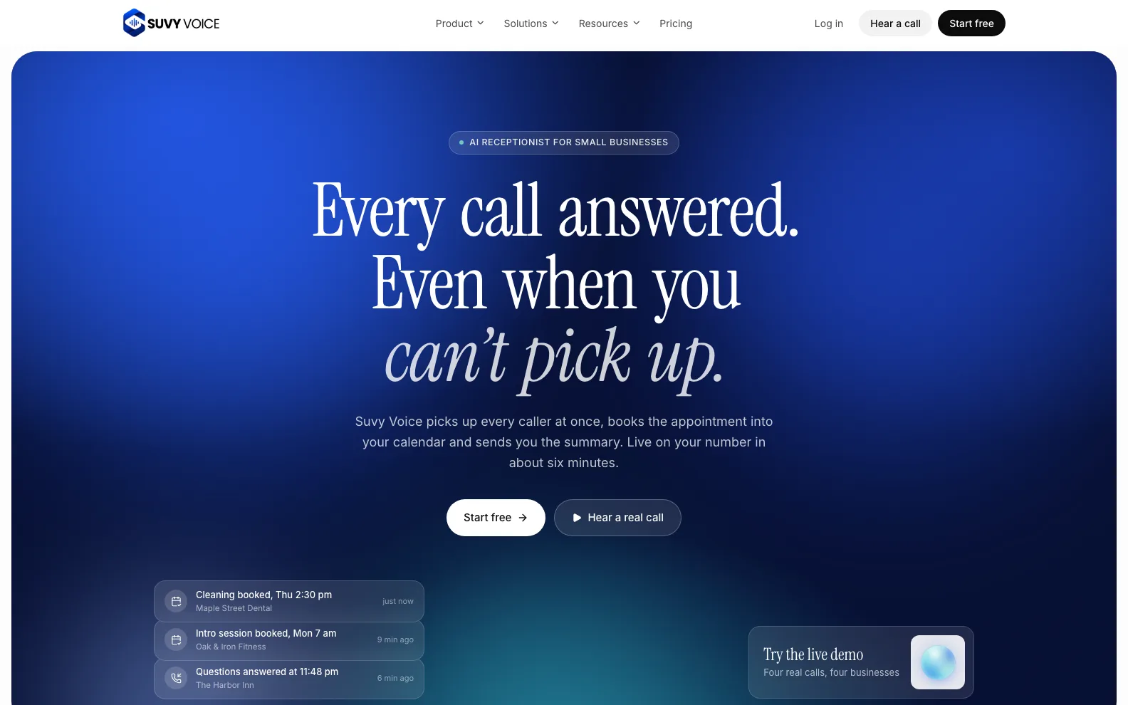 Suvy Voice homepage: every call answered, even when you can't pick up, with live booking notifications